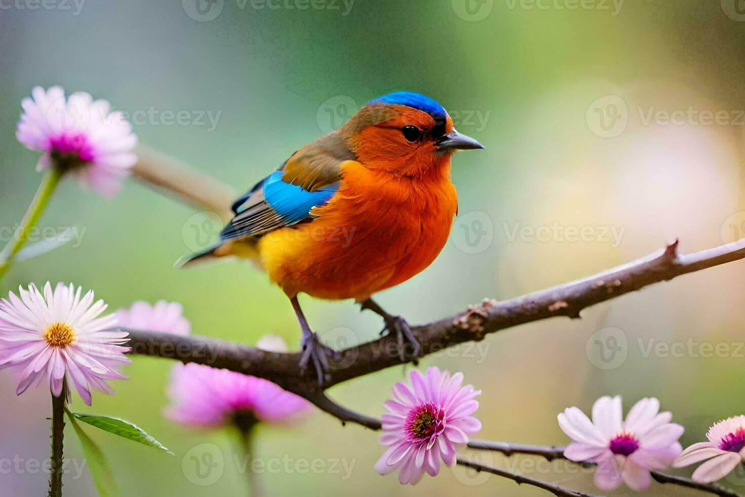 a colorful bird sits on a branch with pink flowers. AI-Generated photo