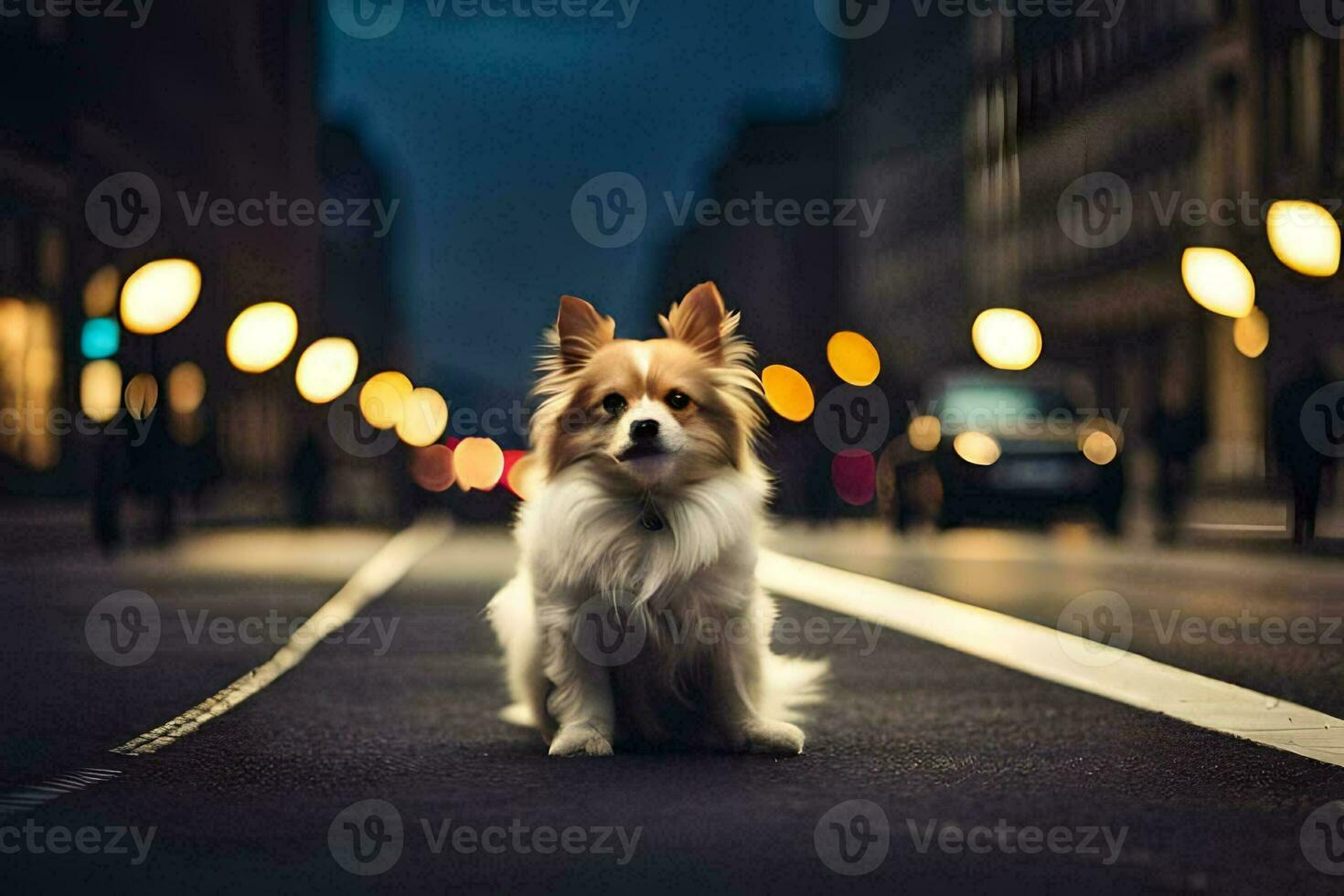 a dog sitting on the street at night. AI-Generated photo