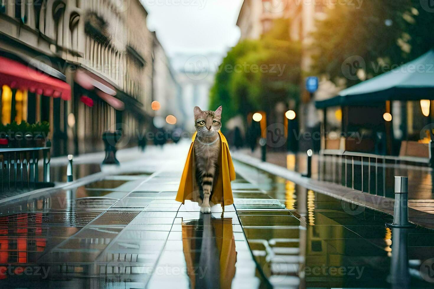 a cat in a yellow raincoat standing on a wet street. AI-Generated photo