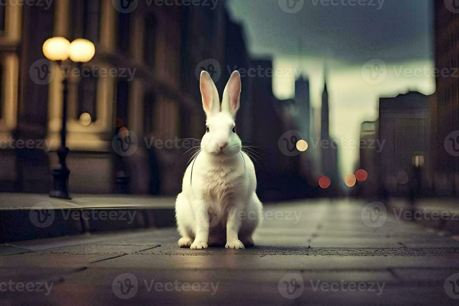 a white rabbit sitting on the sidewalk in a city. AI-Generated photo