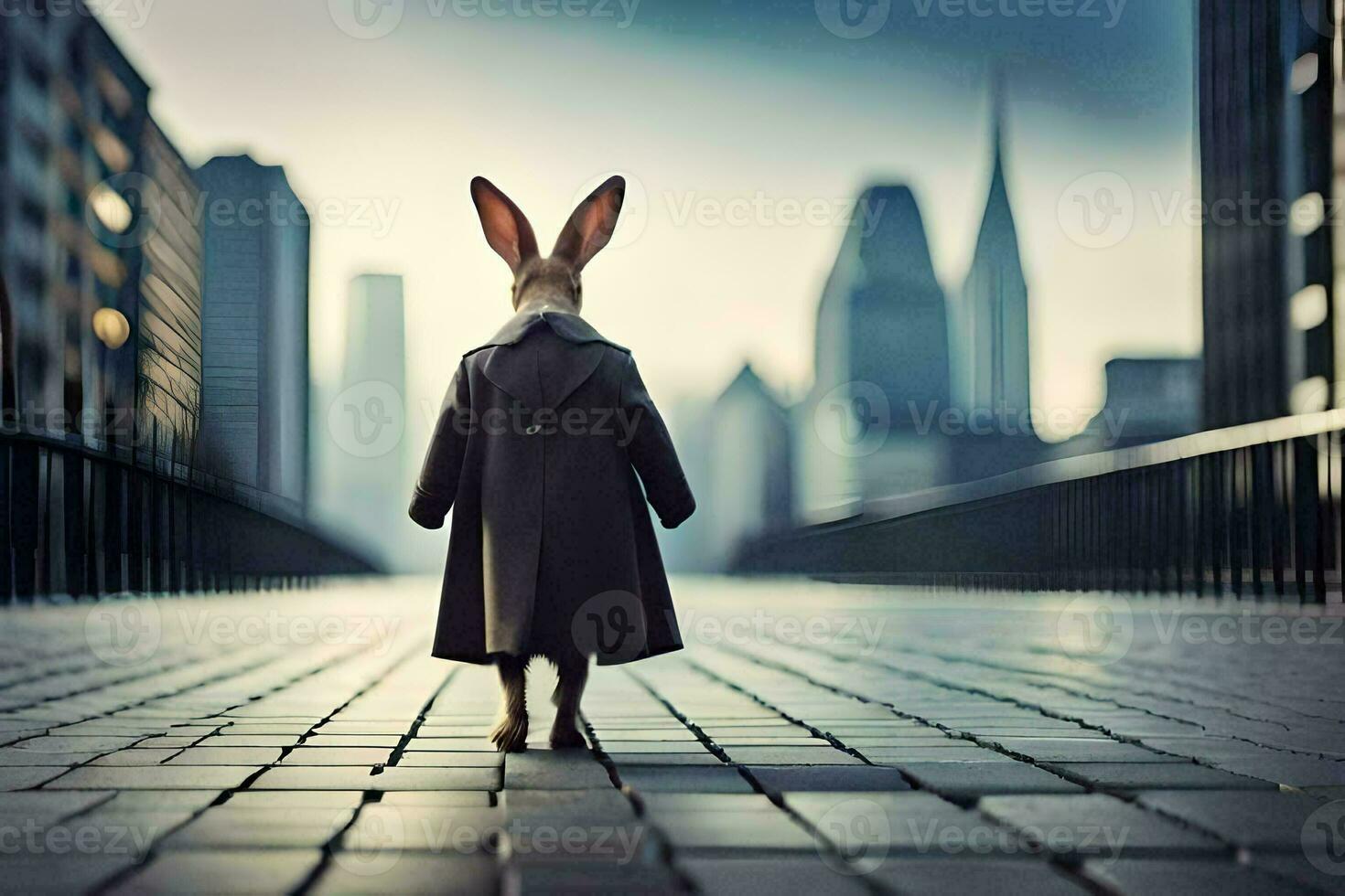 a rabbit in a coat and tie walking on a city street. AI-Generated photo