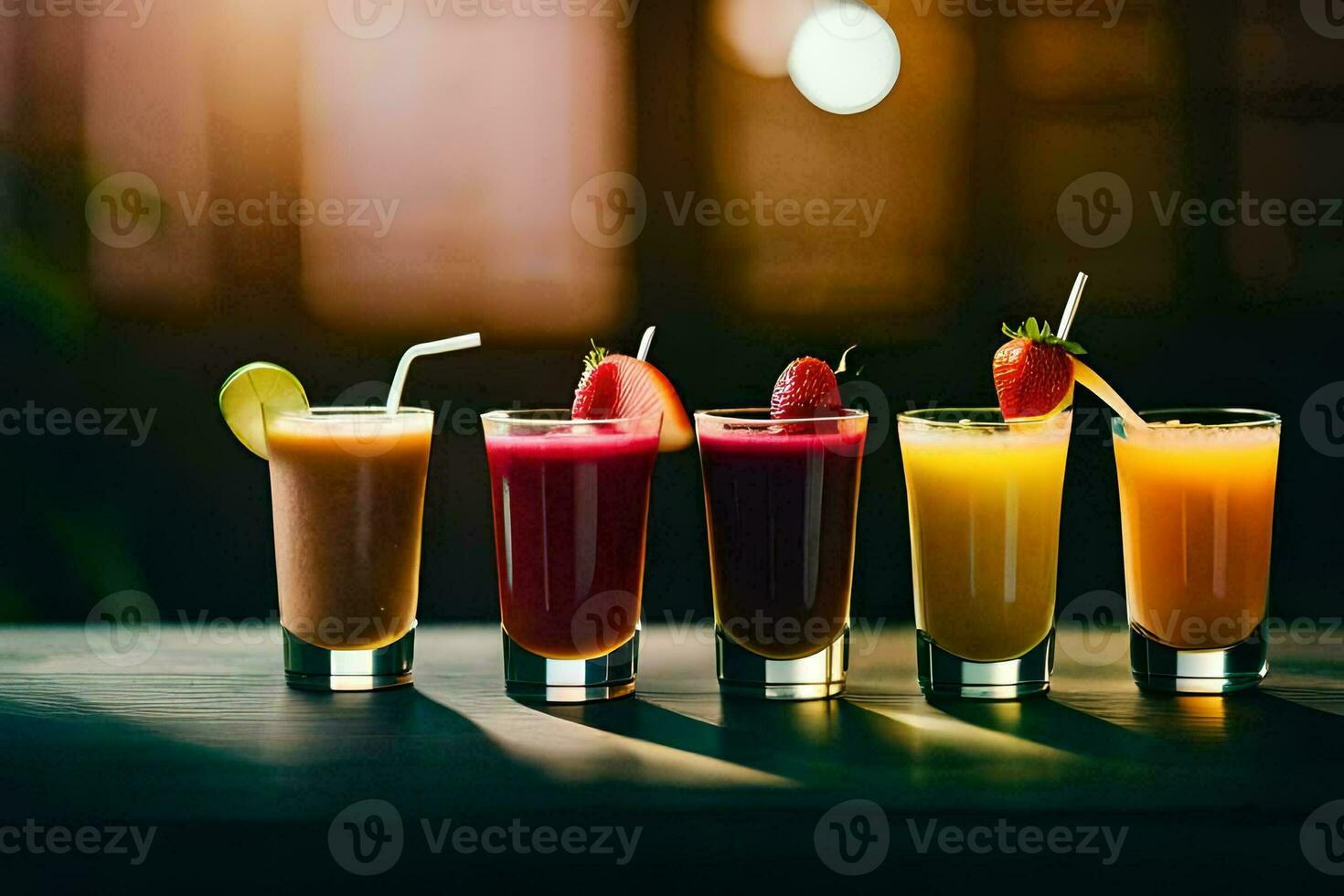 cinco diferente tipos de jugos en lentes. generado por ai foto