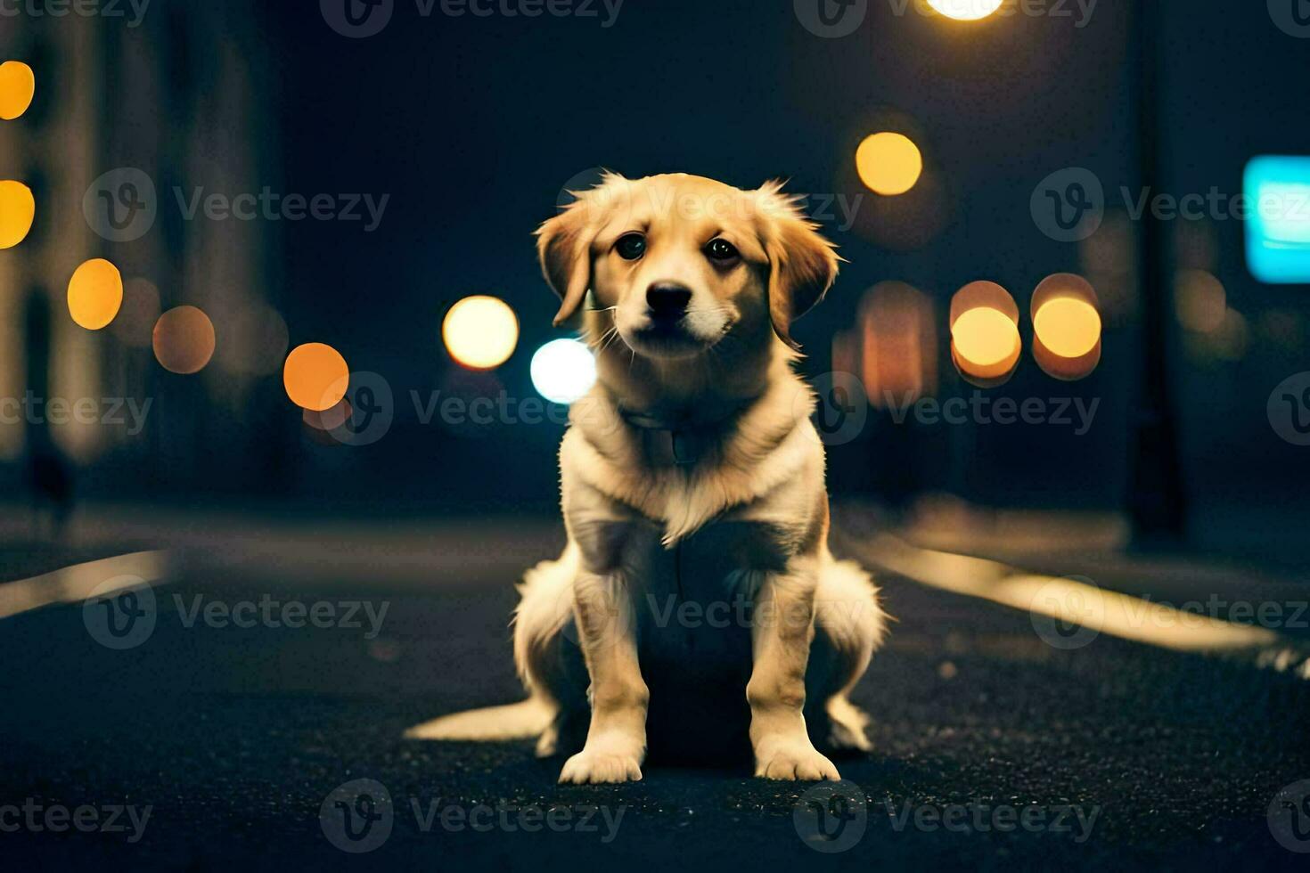 a dog sitting on the street at night. AI-Generated photo