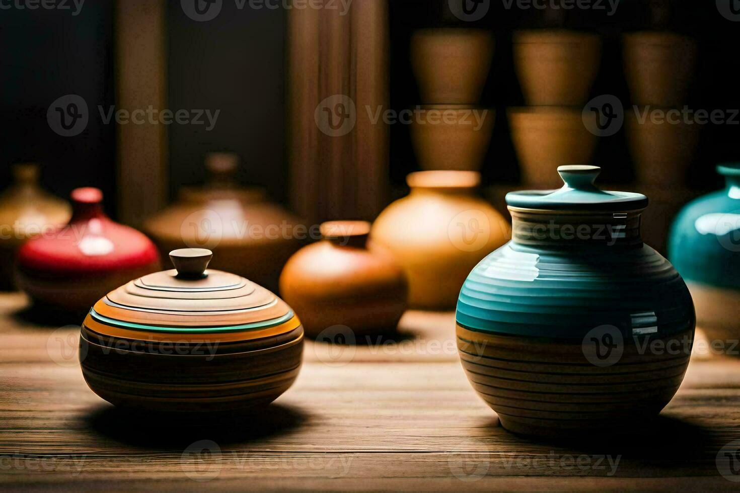 a group of colorful vases sitting on a table. AI-Generated photo