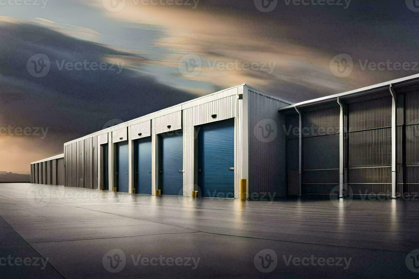 a large warehouse with blue doors and a cloudy sky. AI-Generated photo