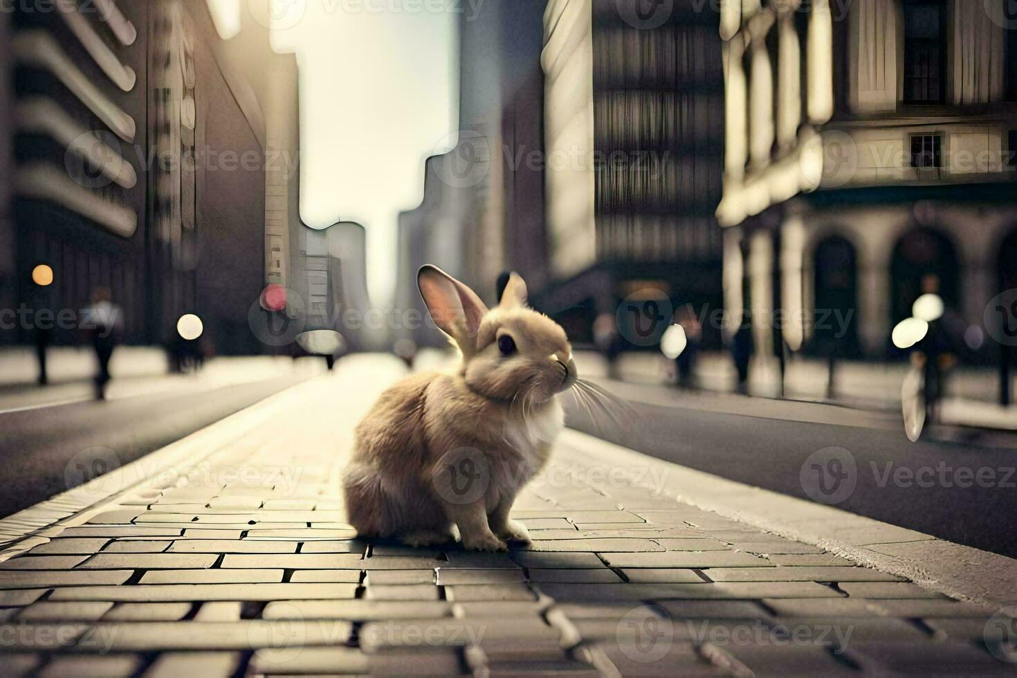 a rabbit is sitting on the street in a city. AI-Generated photo