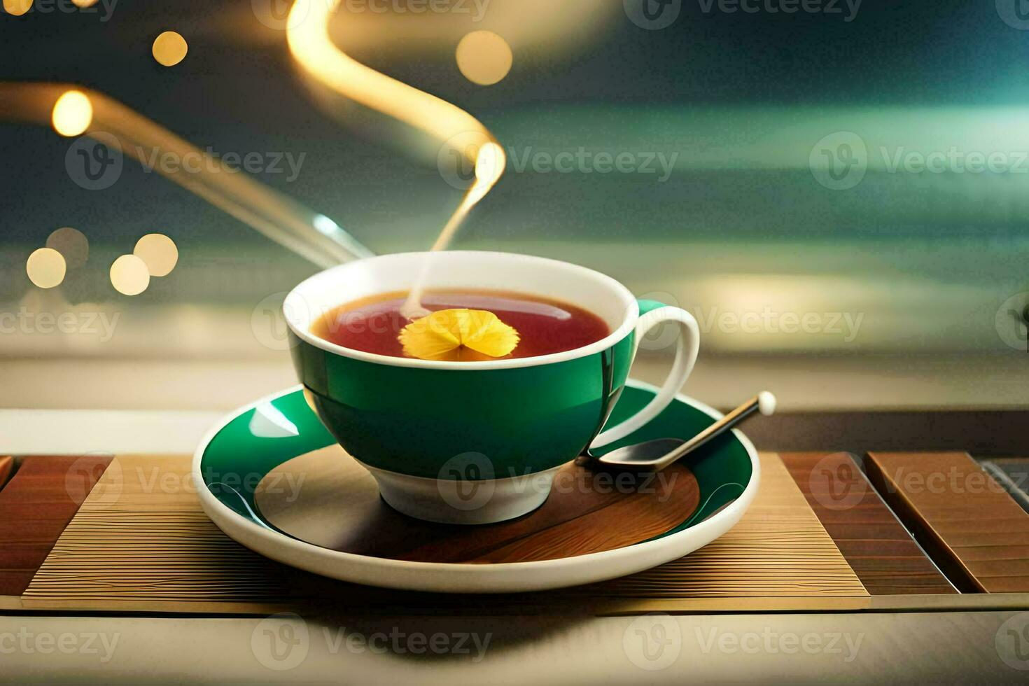 a cup of tea with a saucer on a table. AI-Generated photo