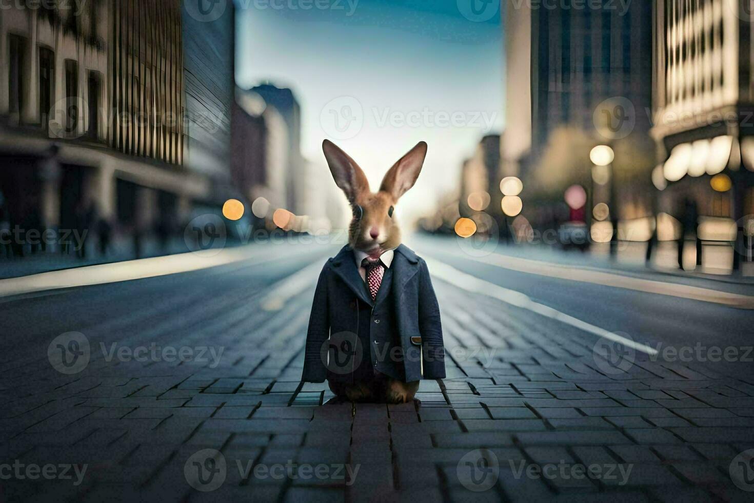 a rabbit wearing a suit and tie standing on a street. AI-Generated photo