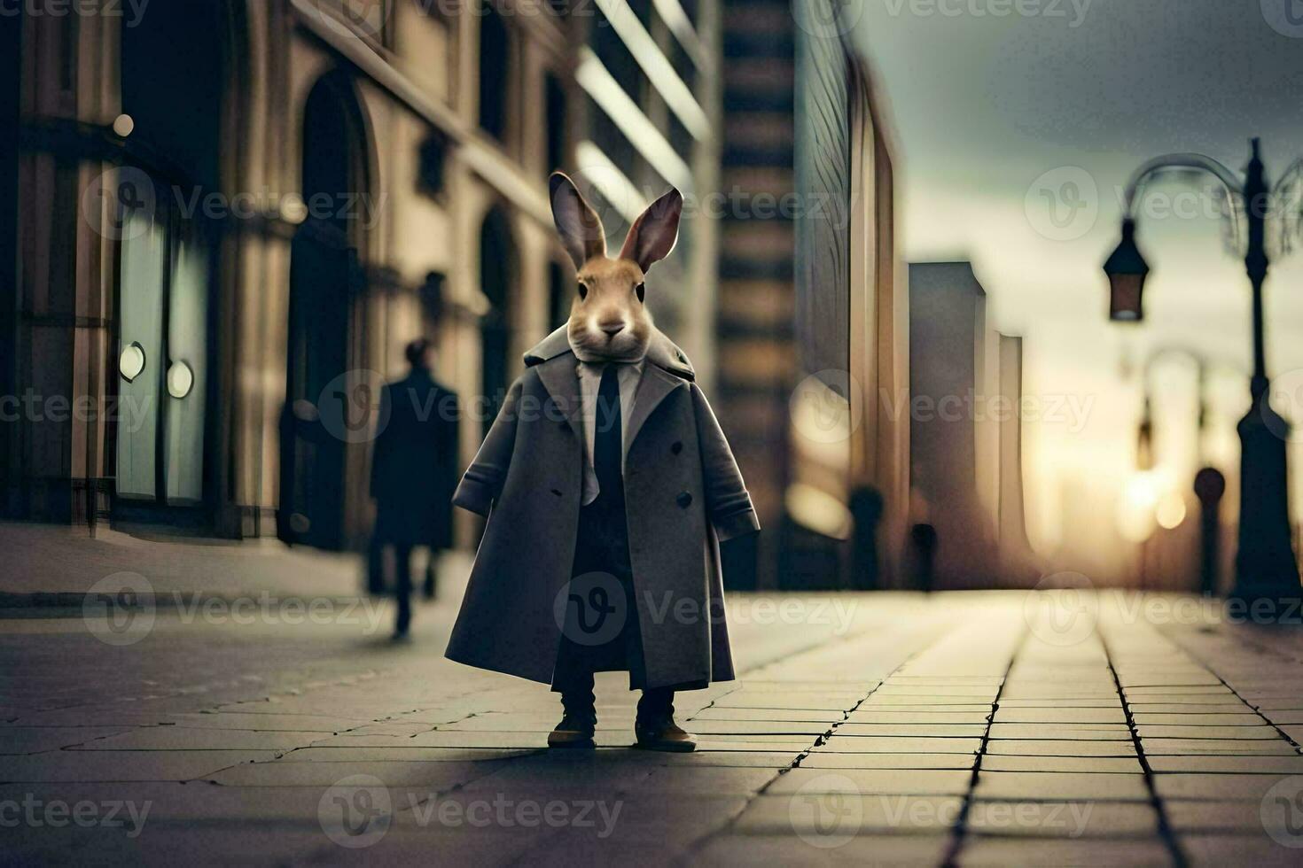 a rabbit wearing a suit and tie standing on a street. AI-Generated photo