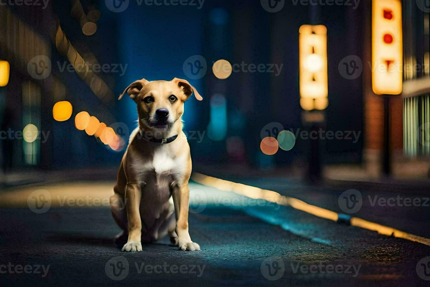 a dog sitting on the street at night. AI-Generated photo
