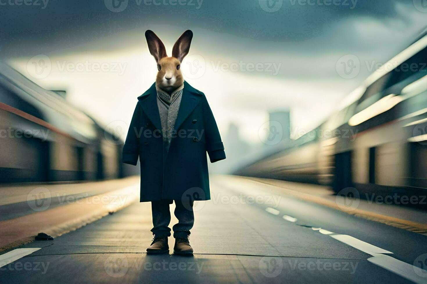 a rabbit wearing a coat and tie standing on a train track. AI-Generated photo