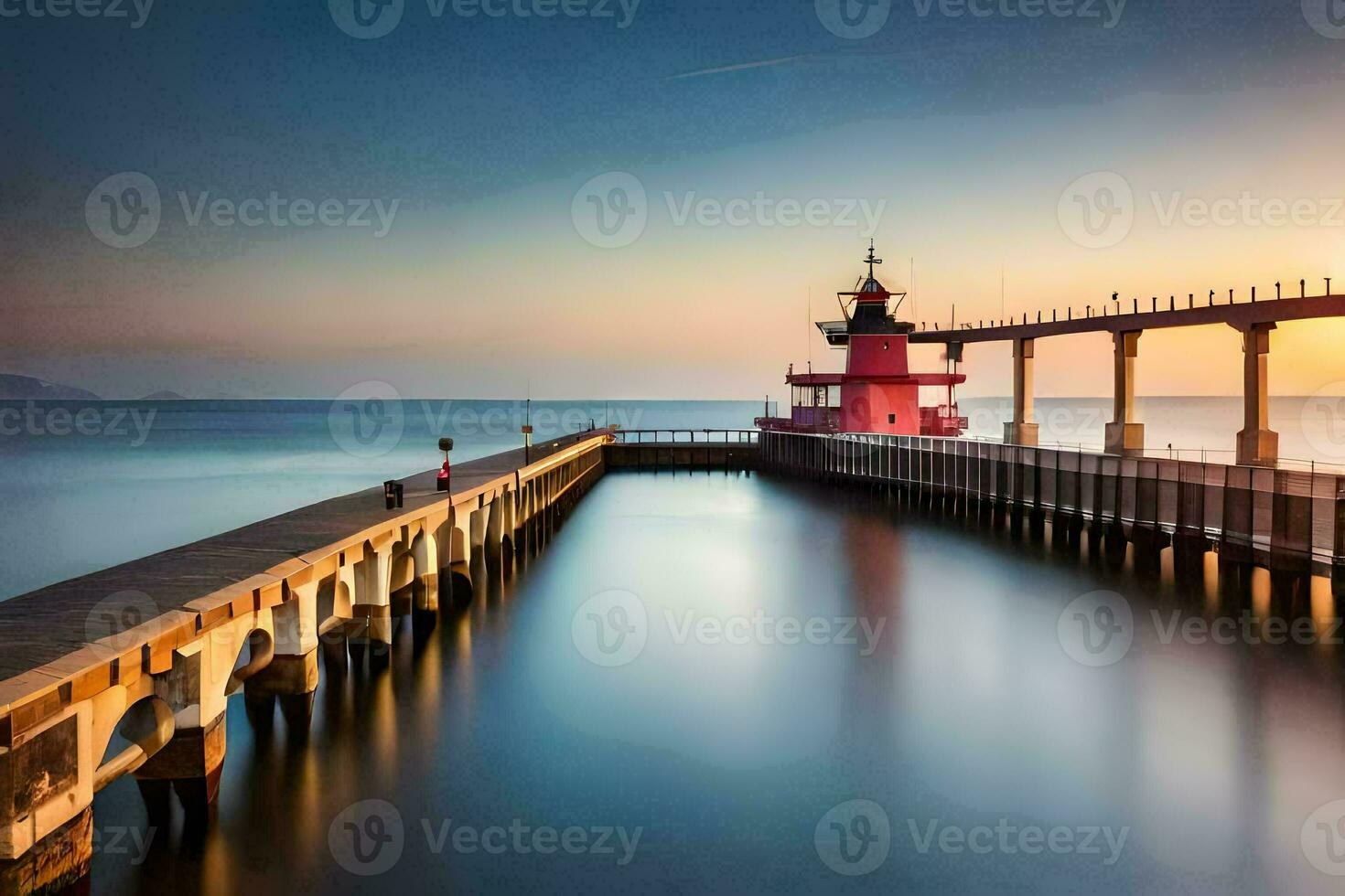 a red lighthouse sits on a pier at sunset. AI-Generated photo