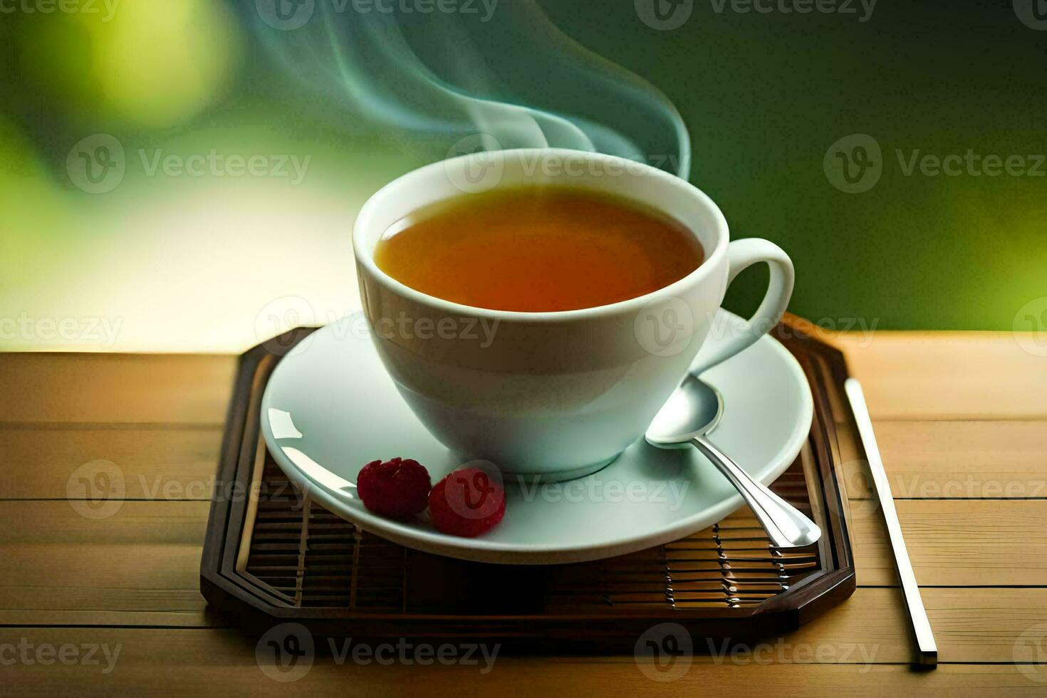 a cup of tea with a raspberries on a saucer. AI-Generated photo