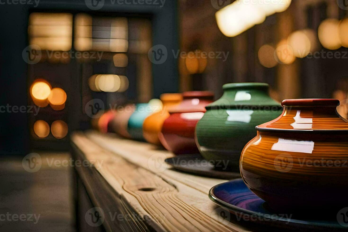 colorful vases on a wooden table. AI-Generated photo