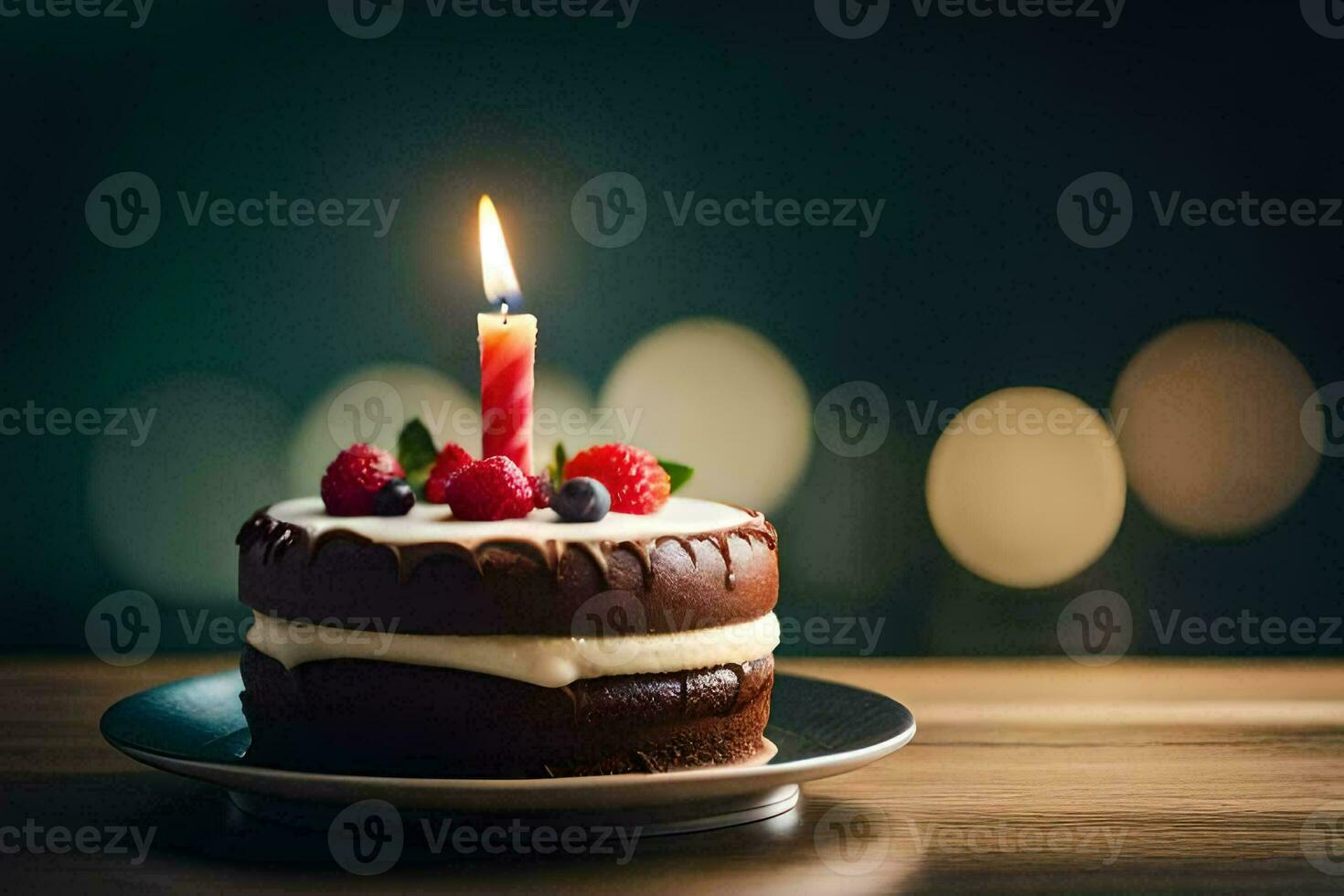 a chocolate birthday cake with a single candle. AI-Generated photo