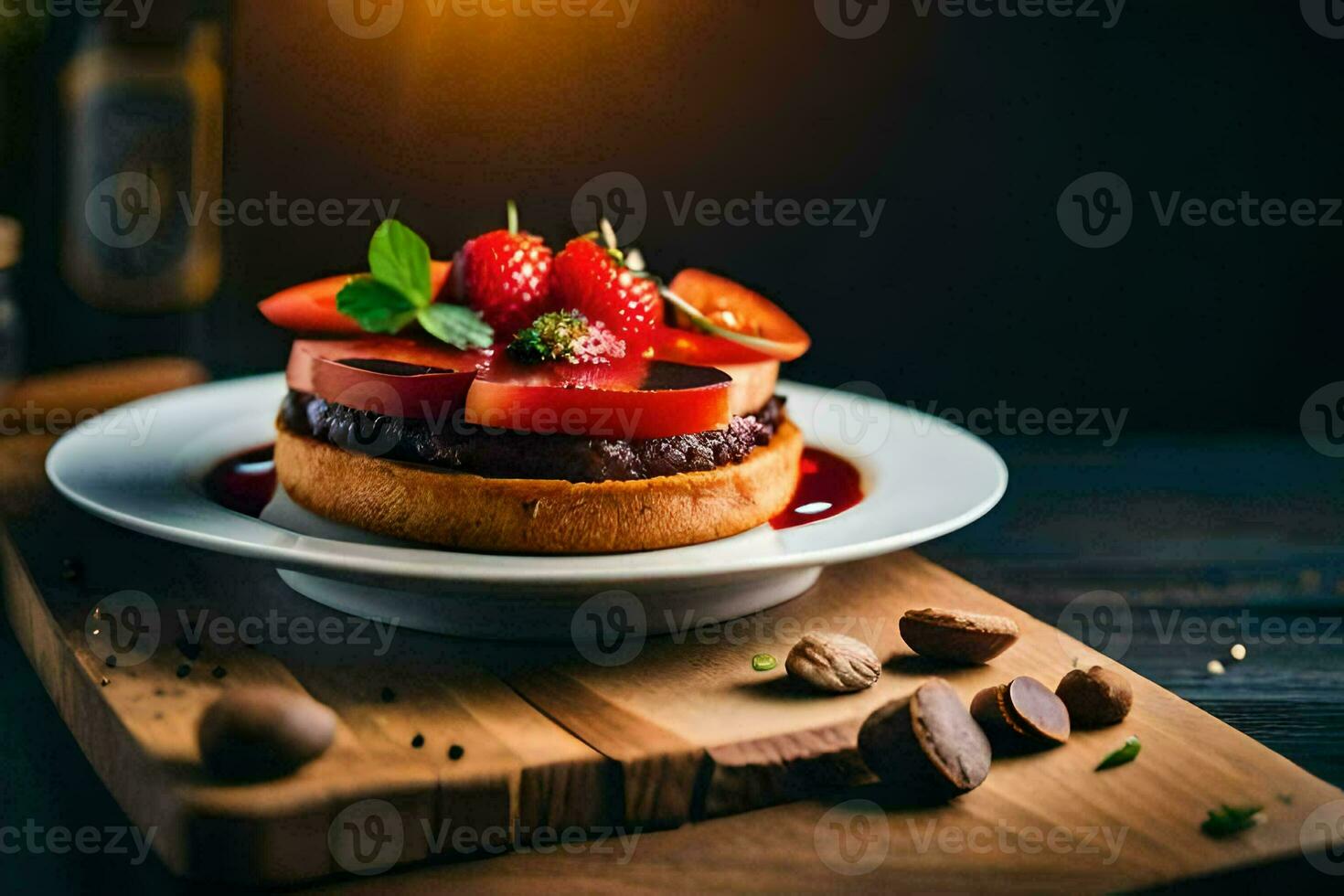 a dessert with strawberries and chocolate on a wooden table. AI-Generated photo