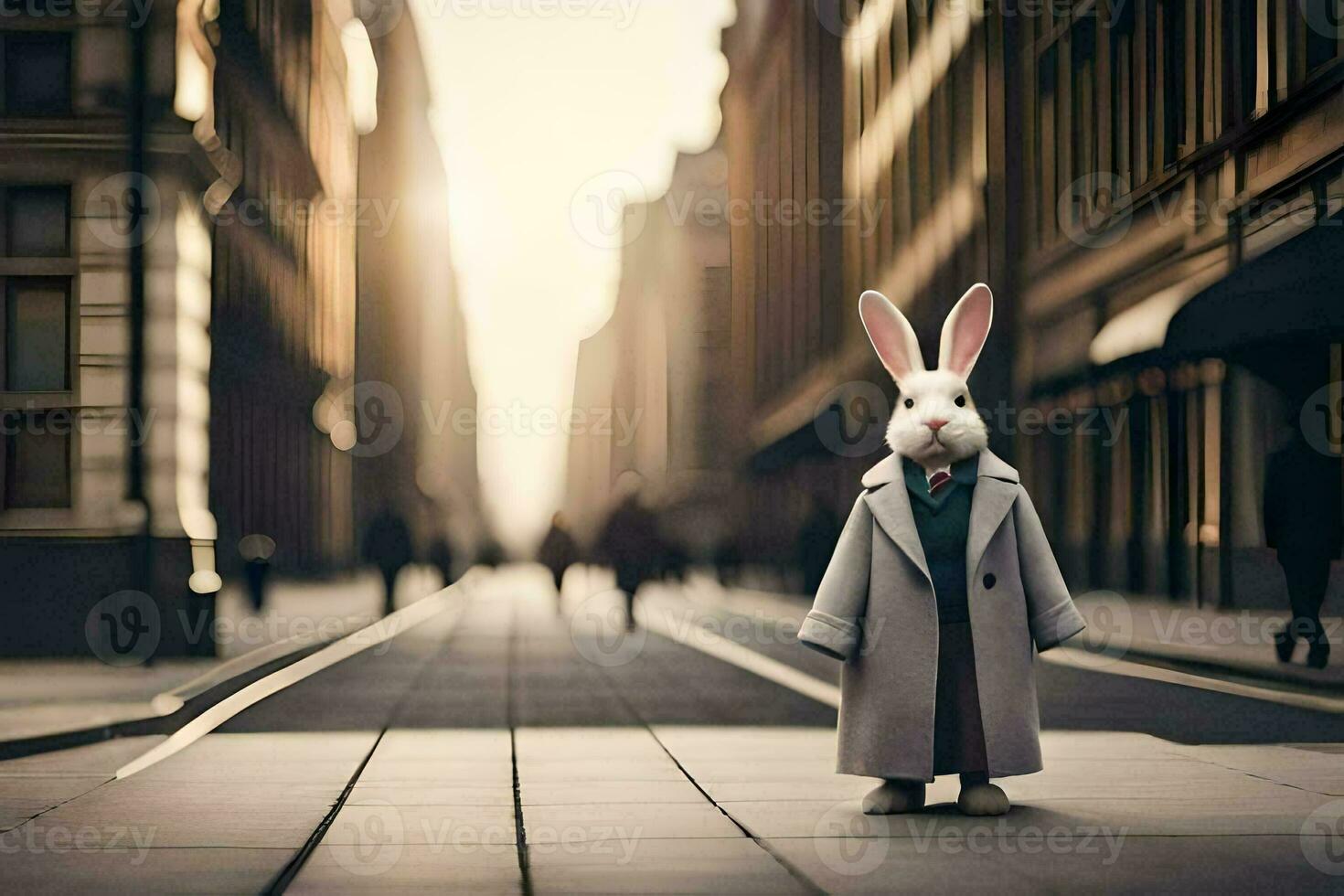 a rabbit in a coat standing in the middle of a city street. AI-Generated photo