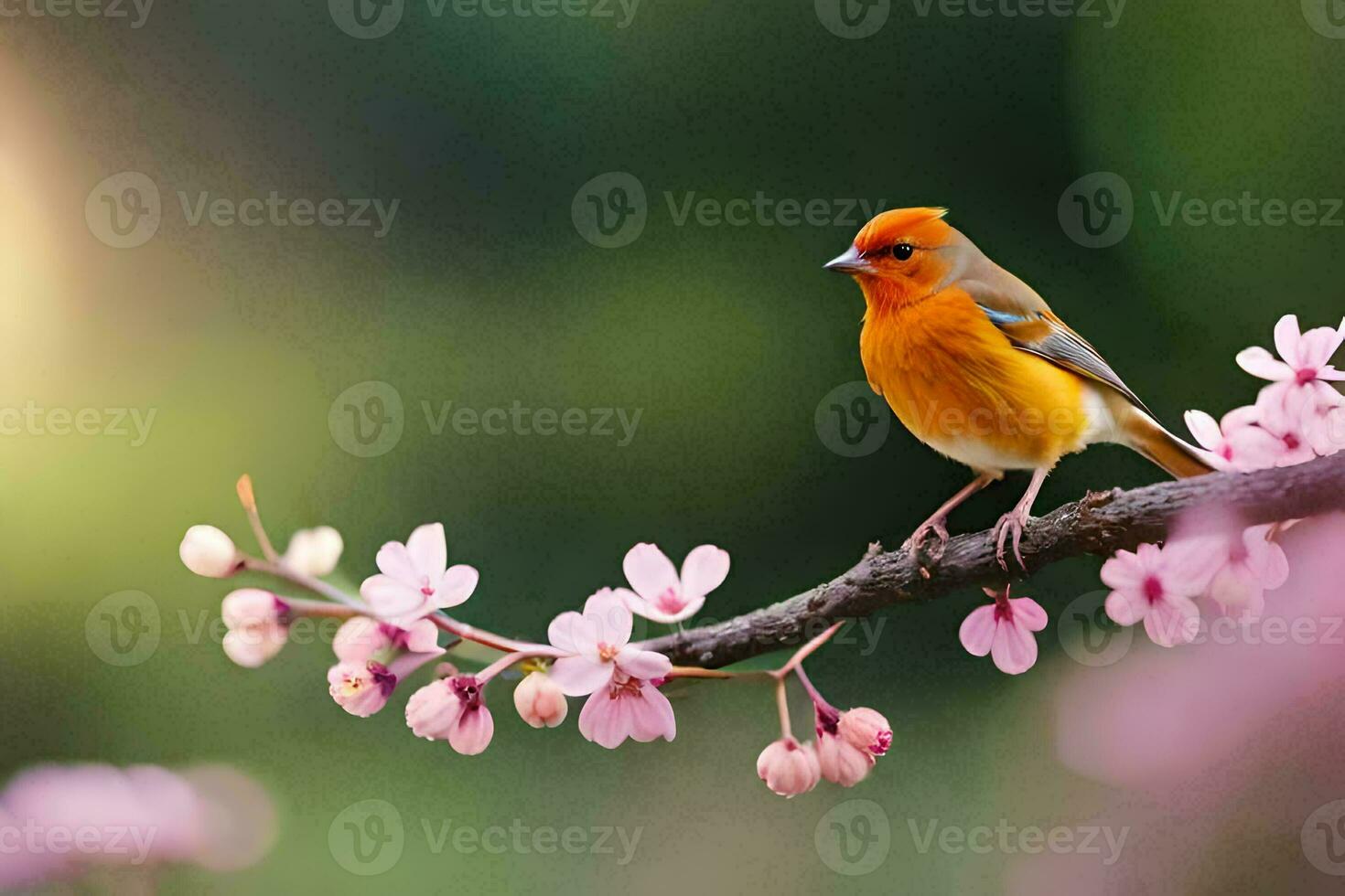 a bird sits on a branch with pink flowers. AI-Generated photo