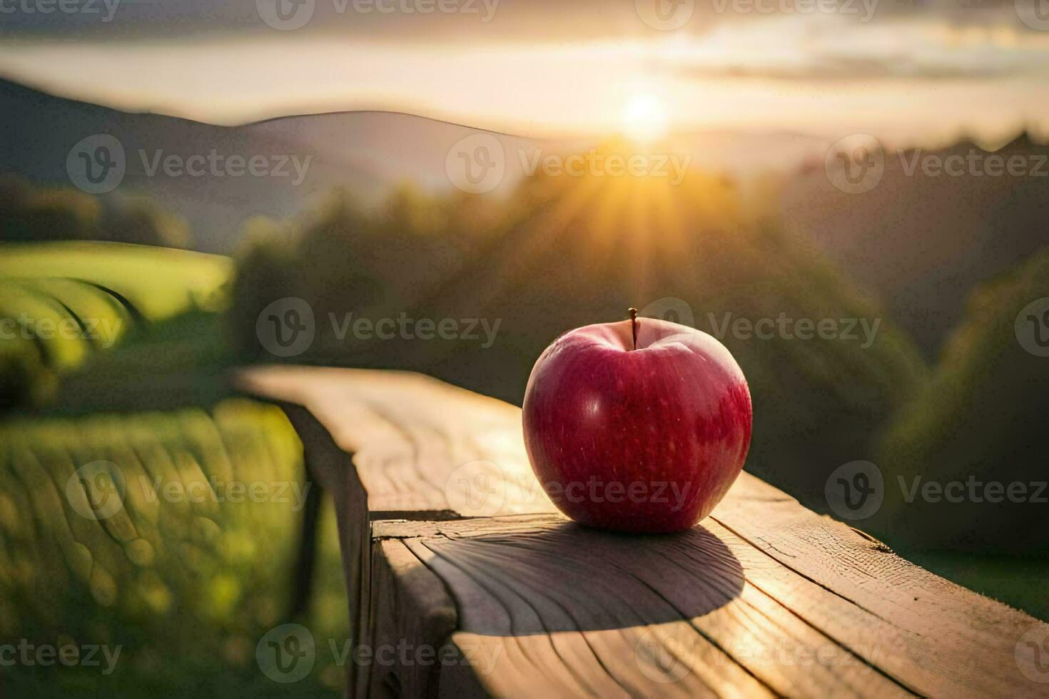an apple sits on a wooden bench in front of a sunset. AI-Generated photo