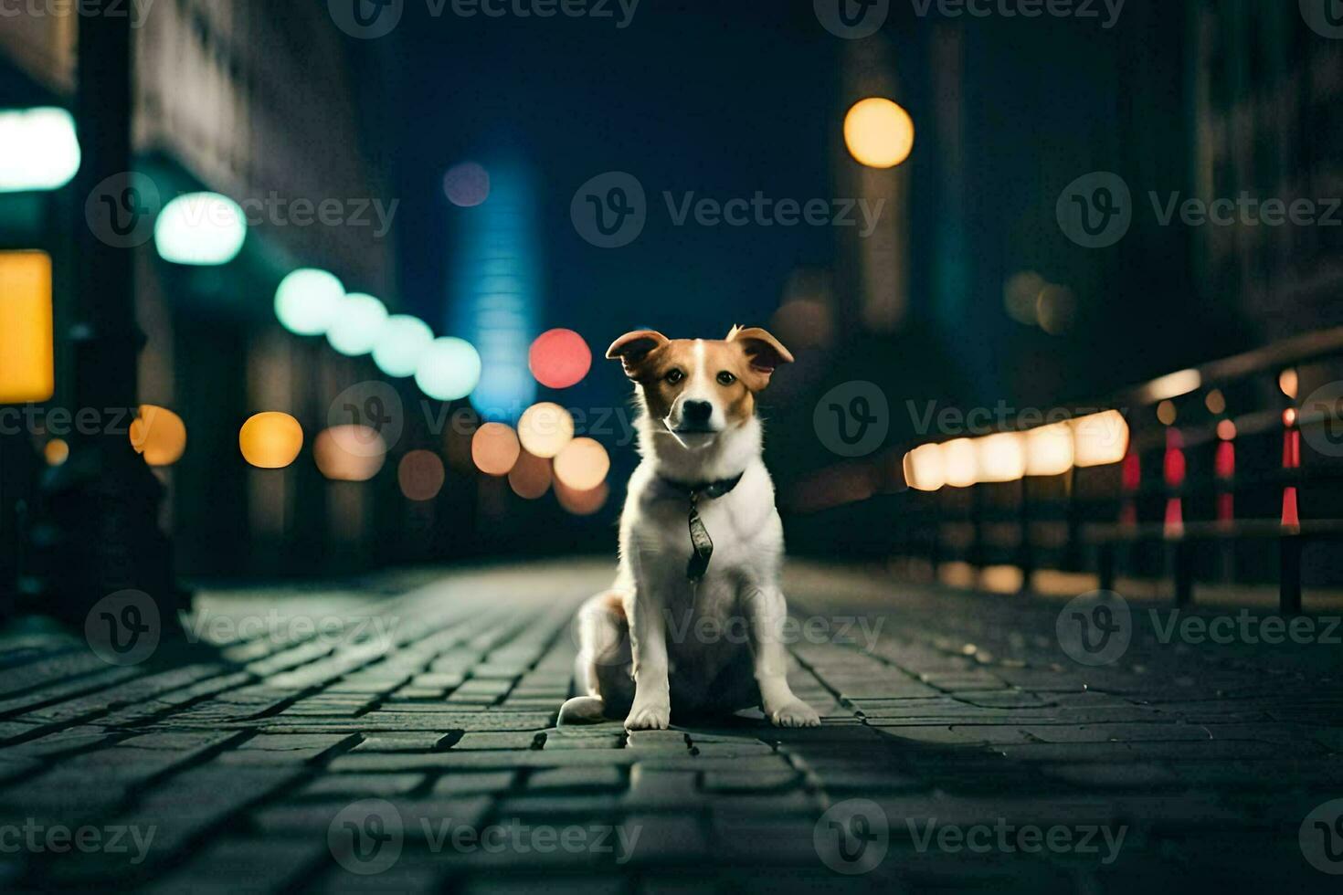 a dog sitting on the street at night. AI-Generated photo
