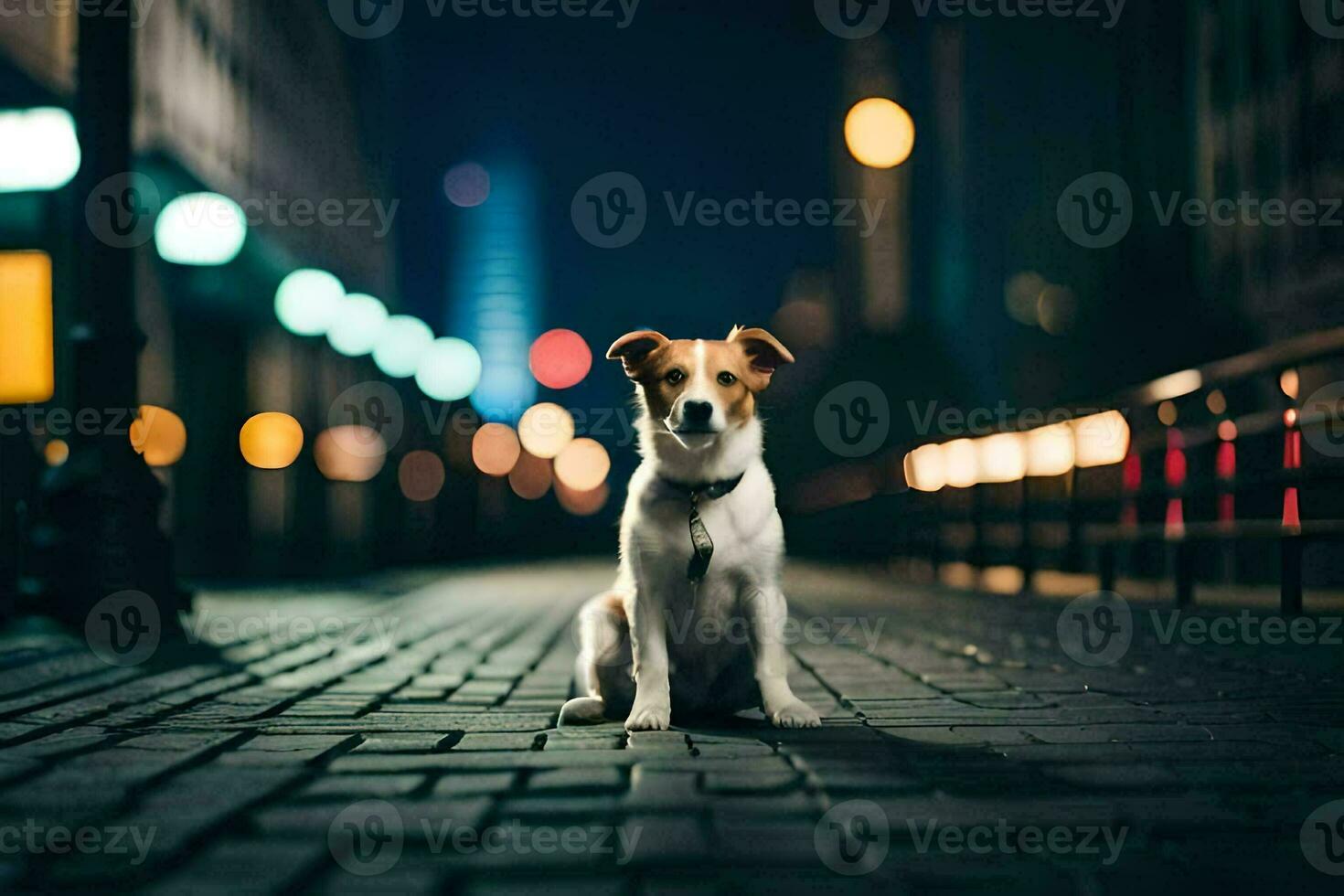 un perro sentado en el calle a noche. generado por ai foto