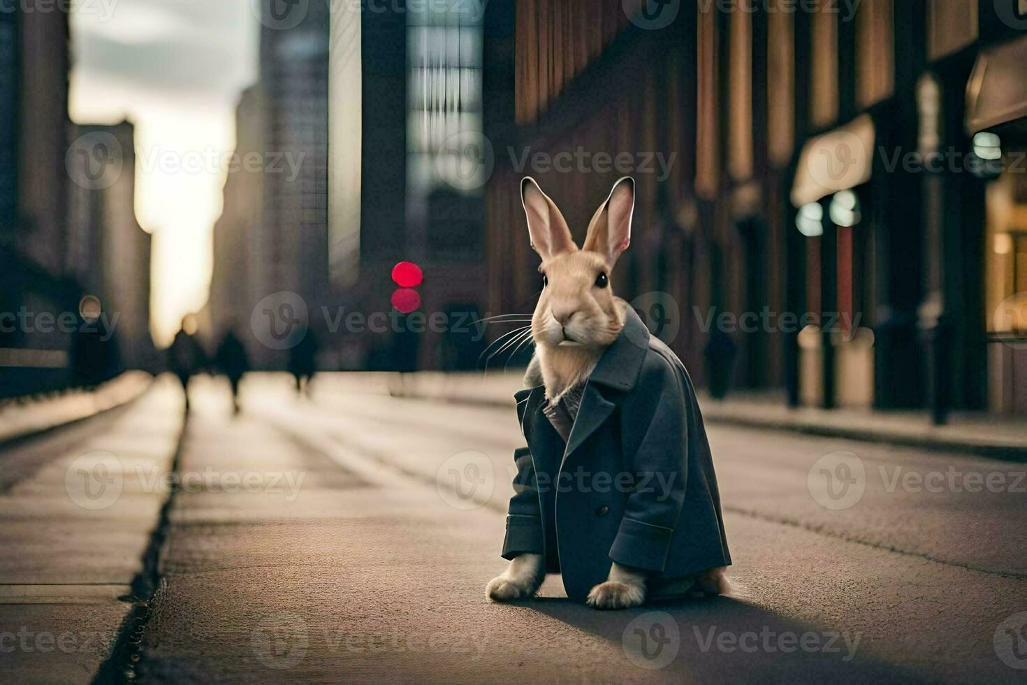 a rabbit wearing a suit and tie sits on the street. AI-Generated photo