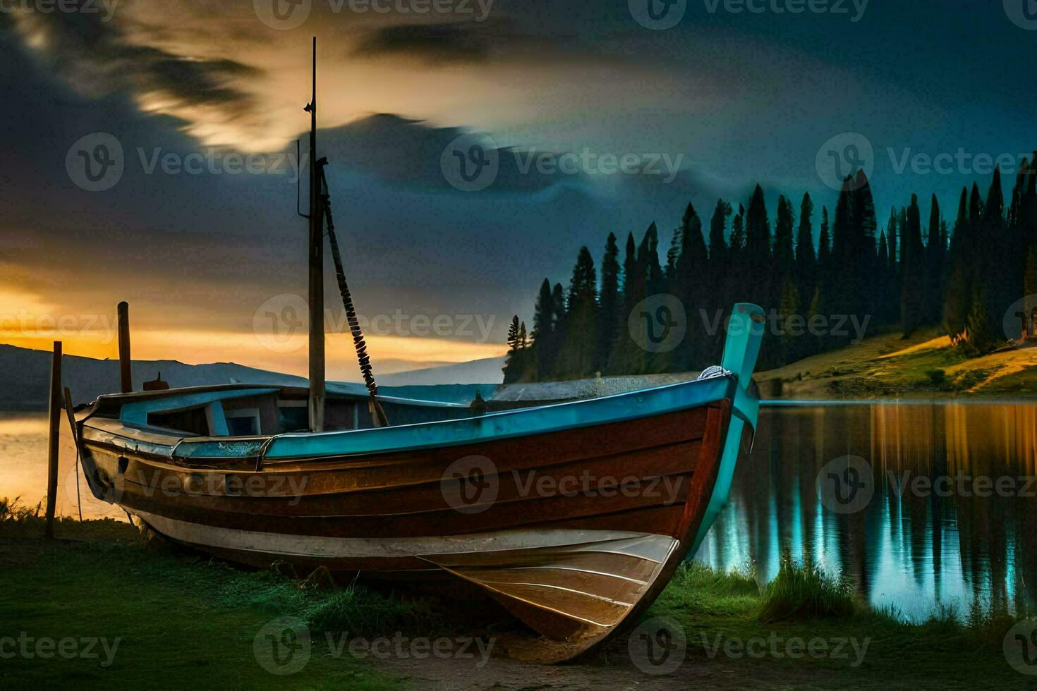 a boat sits on the shore of a lake at sunset. AI-Generated photo