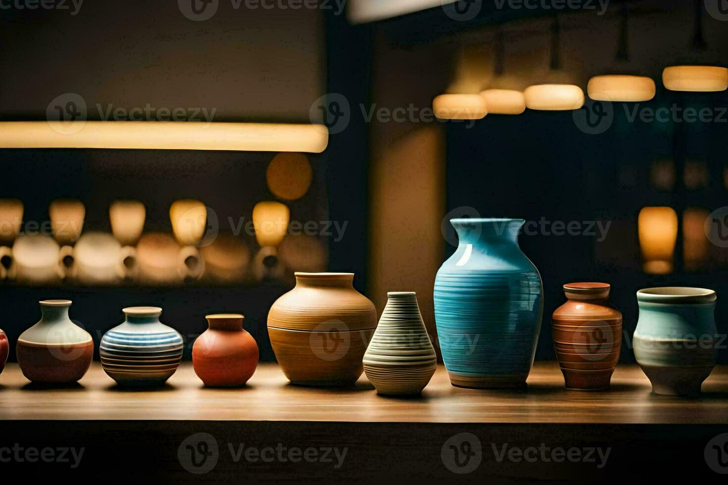 a row of vases on a table. AI-Generated photo