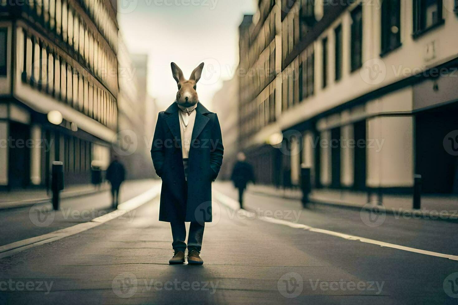 a rabbit wearing a coat and tie standing in the middle of a city street. AI-Generated photo