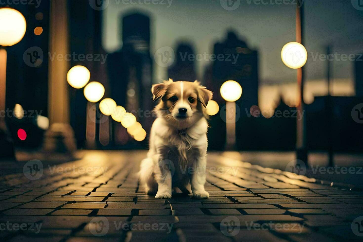 a dog sitting on a brick road in front of a city. AI-Generated photo
