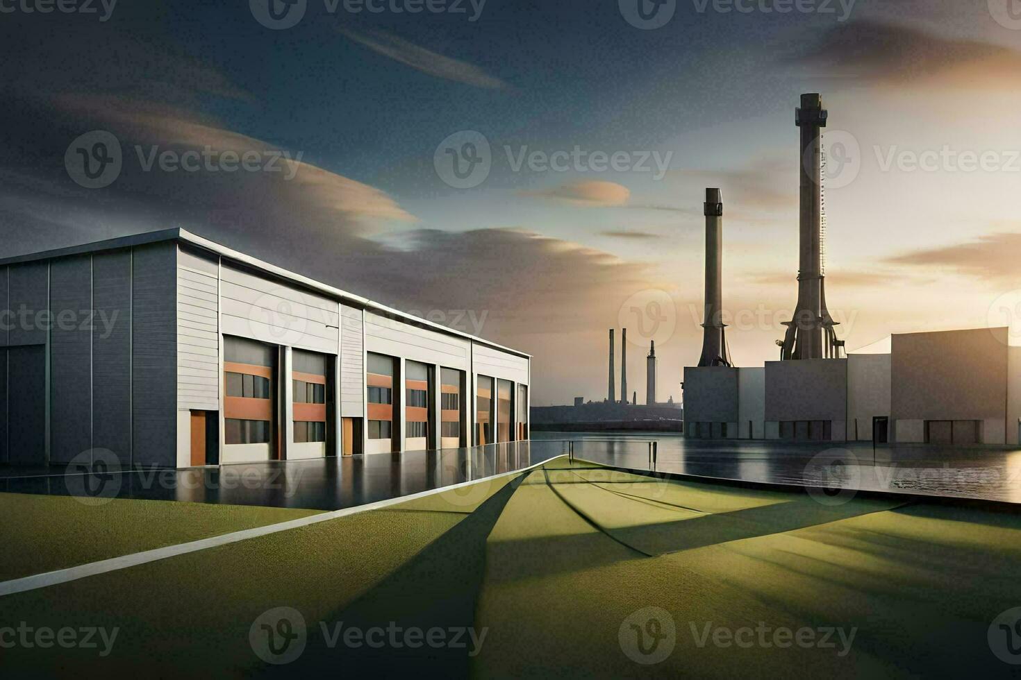 an industrial building with a large factory in the background. AI-Generated photo