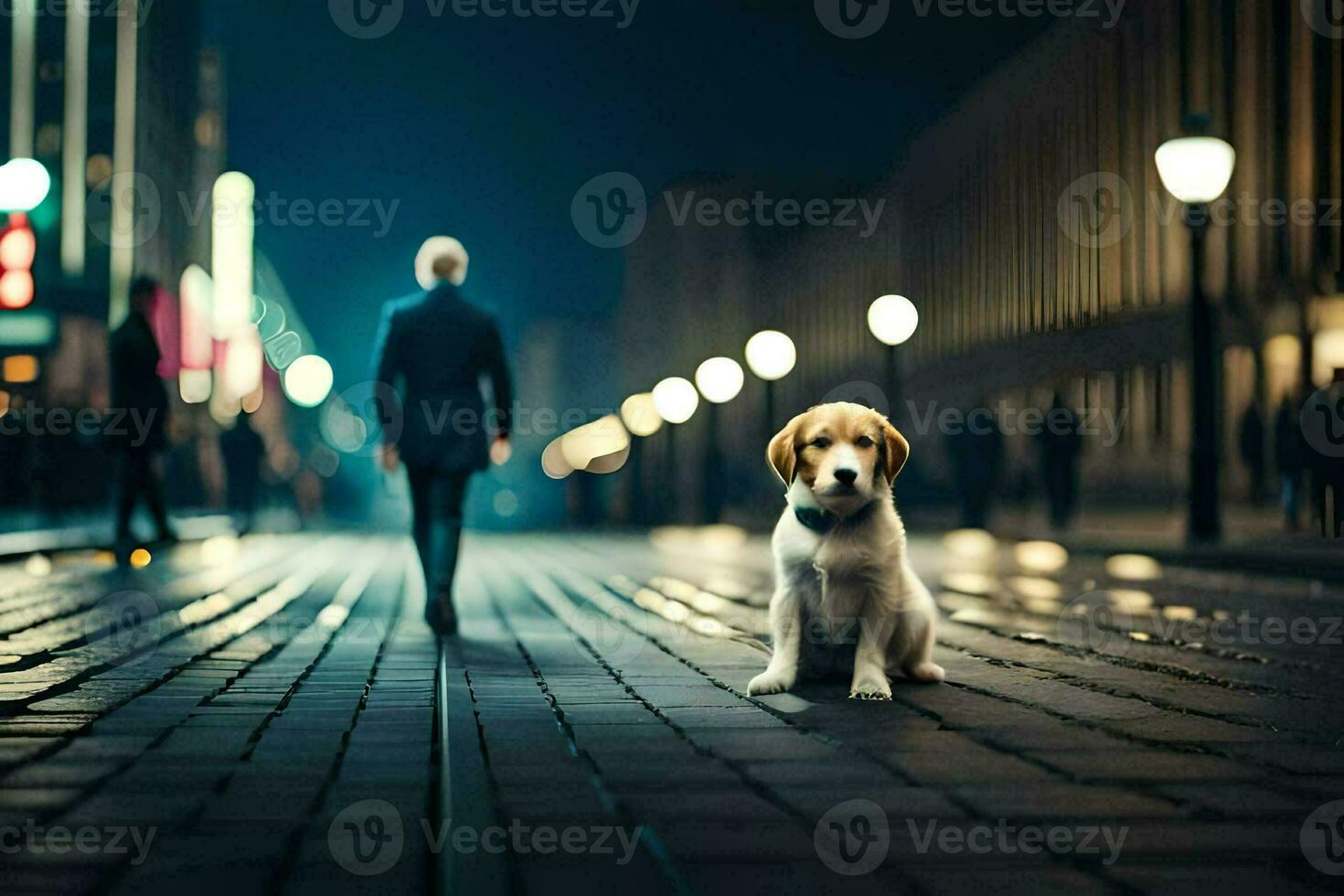 a dog sitting on the street at night with a man walking by. AI-Generated photo