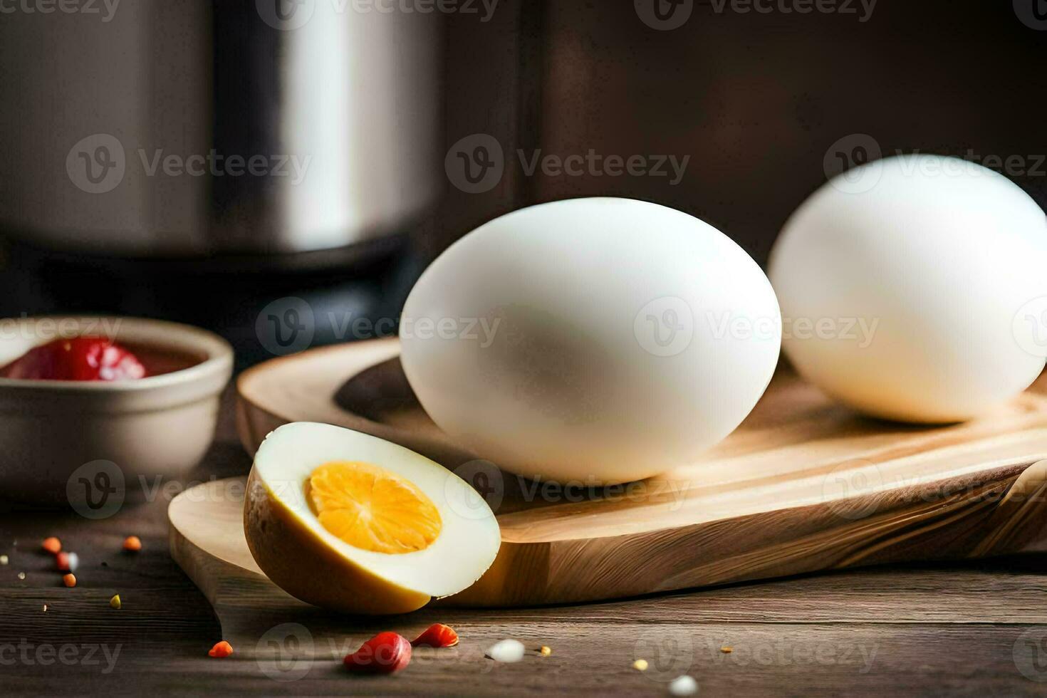 two hard boiled eggs on a cutting board. AI-Generated photo