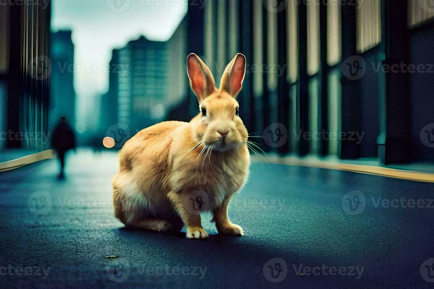 a rabbit is sitting on the street in a city. AI-Generated photo