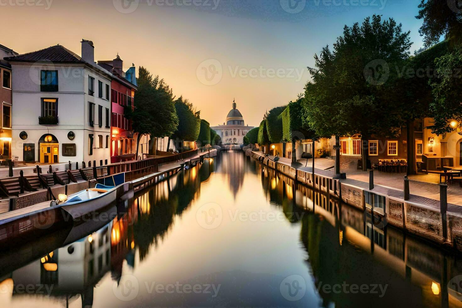 a canal in the middle of a city at sunset. AI-Generated photo