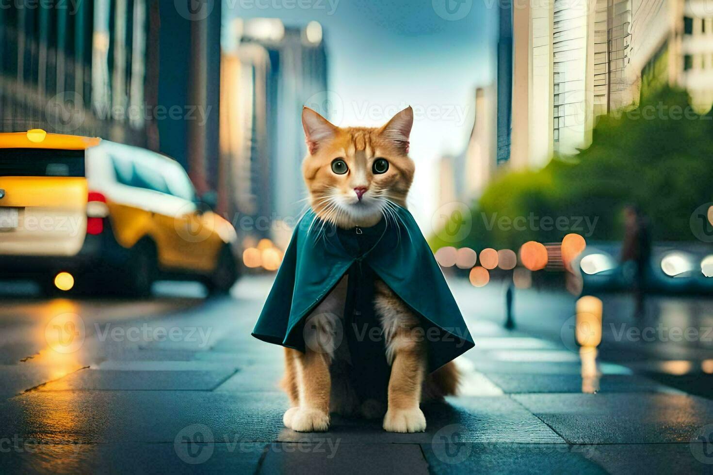 a cat wearing a cape on the street. AI-Generated photo