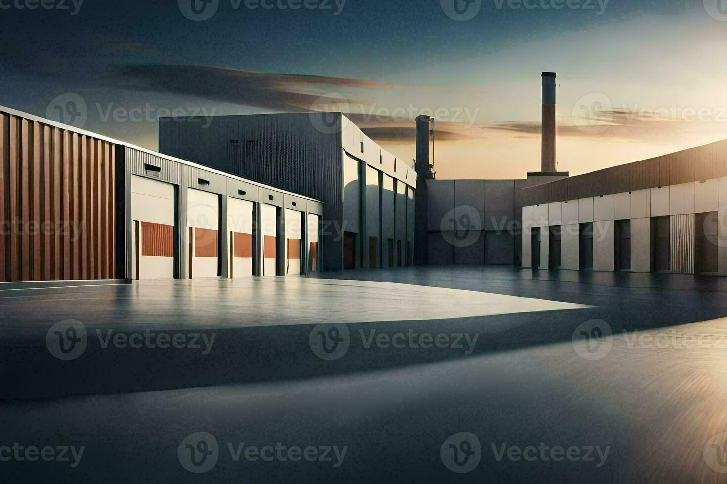 a warehouse with a sun setting behind it. AI-Generated photo