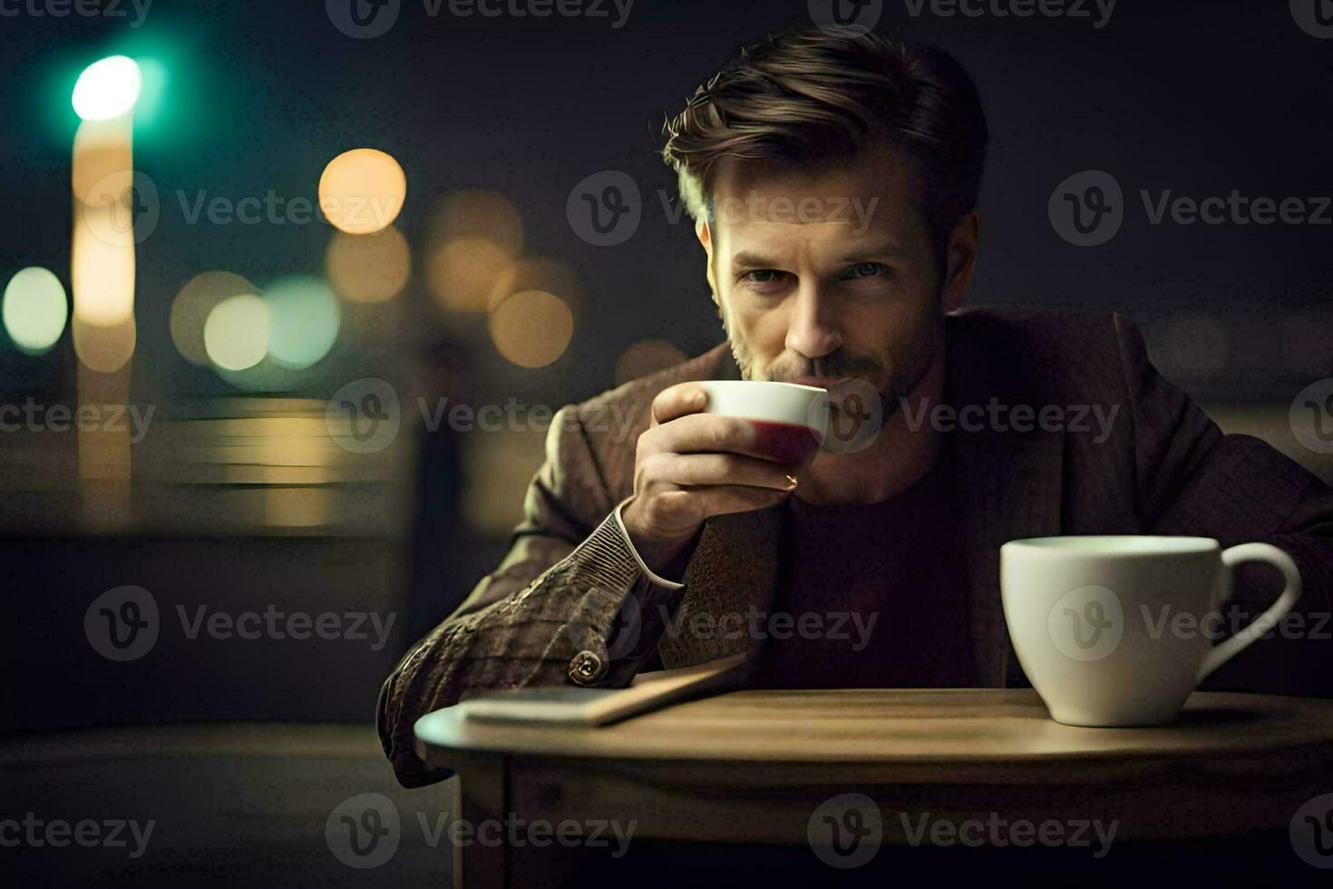 a man drinking coffee at night. AI-Generated photo