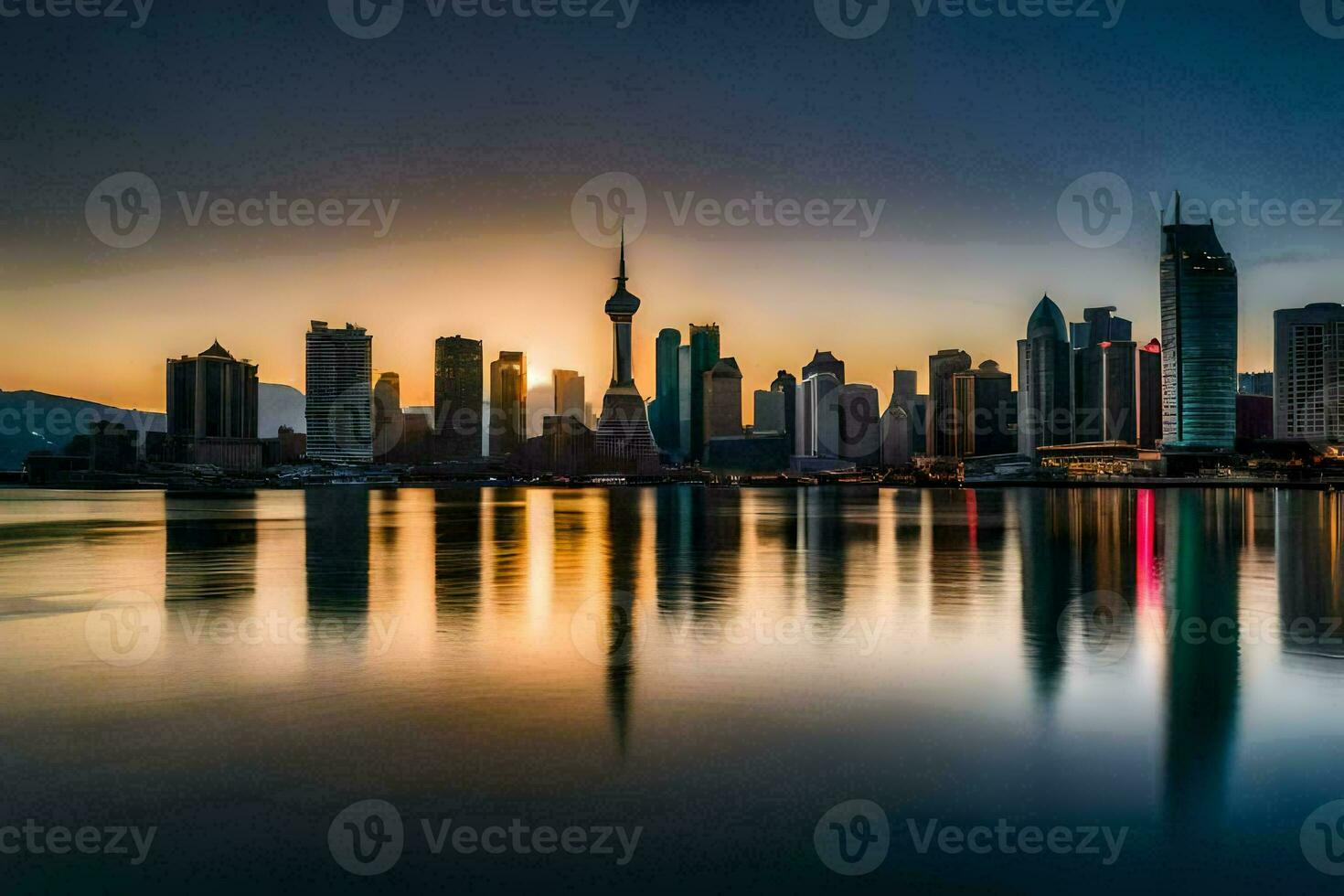 the city skyline at sunset in hong kong. AI-Generated photo