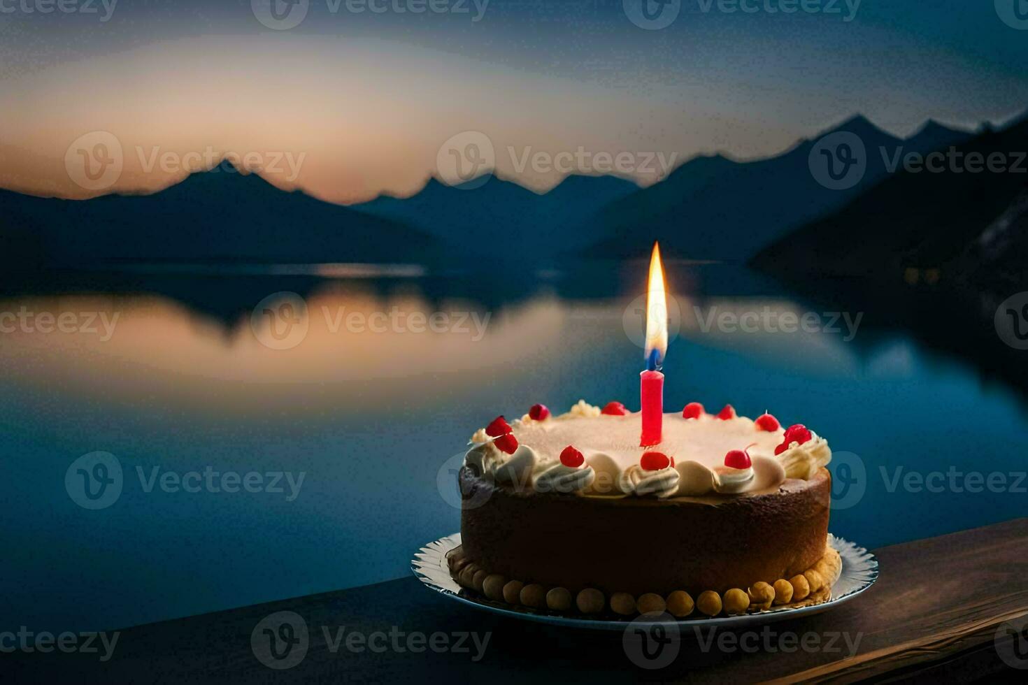 a birthday cake with a single candle on top of a table overlooking a lake. AI-Generated photo