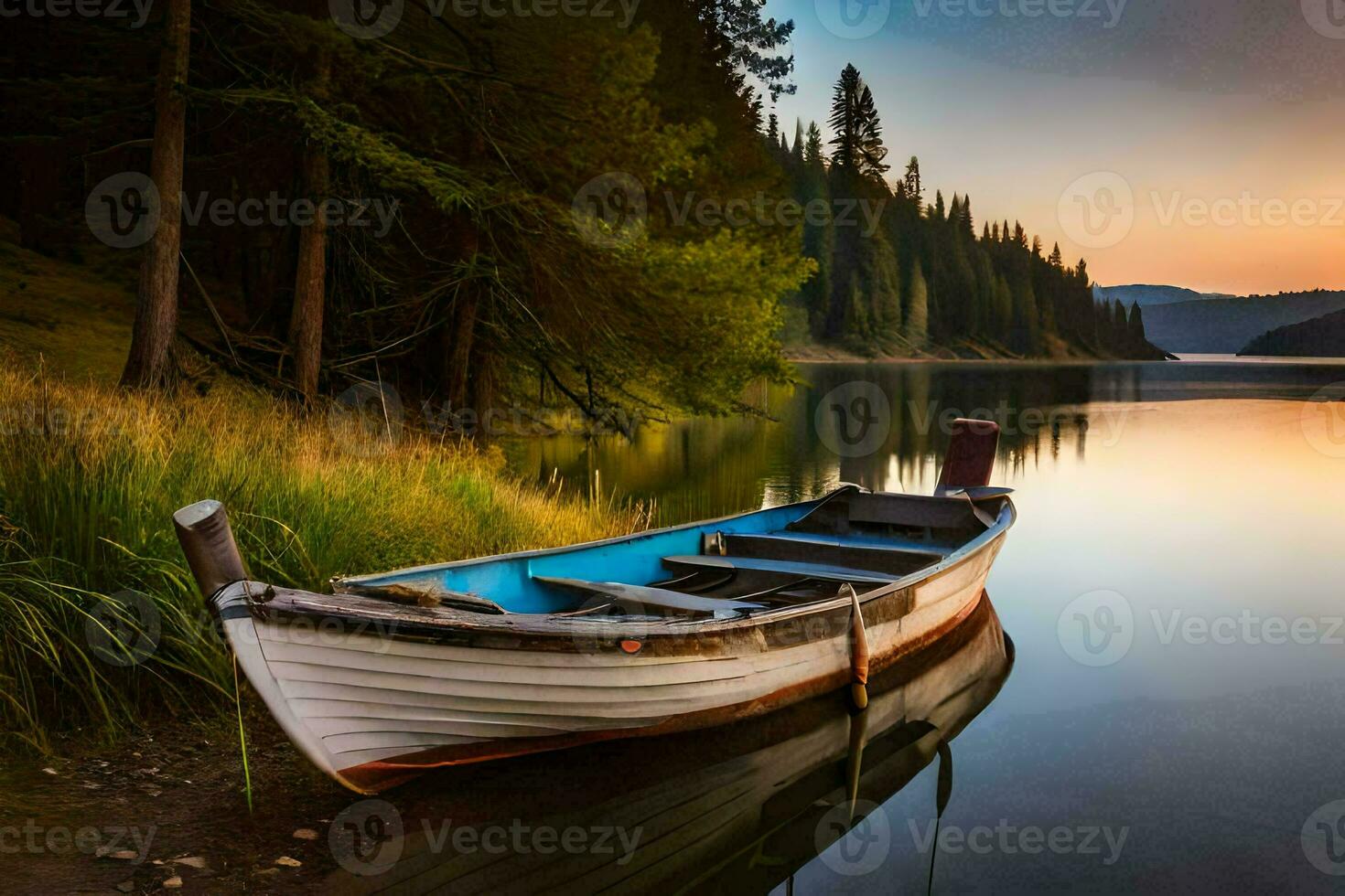 a boat sits on the shore of a lake at sunset. AI-Generated photo