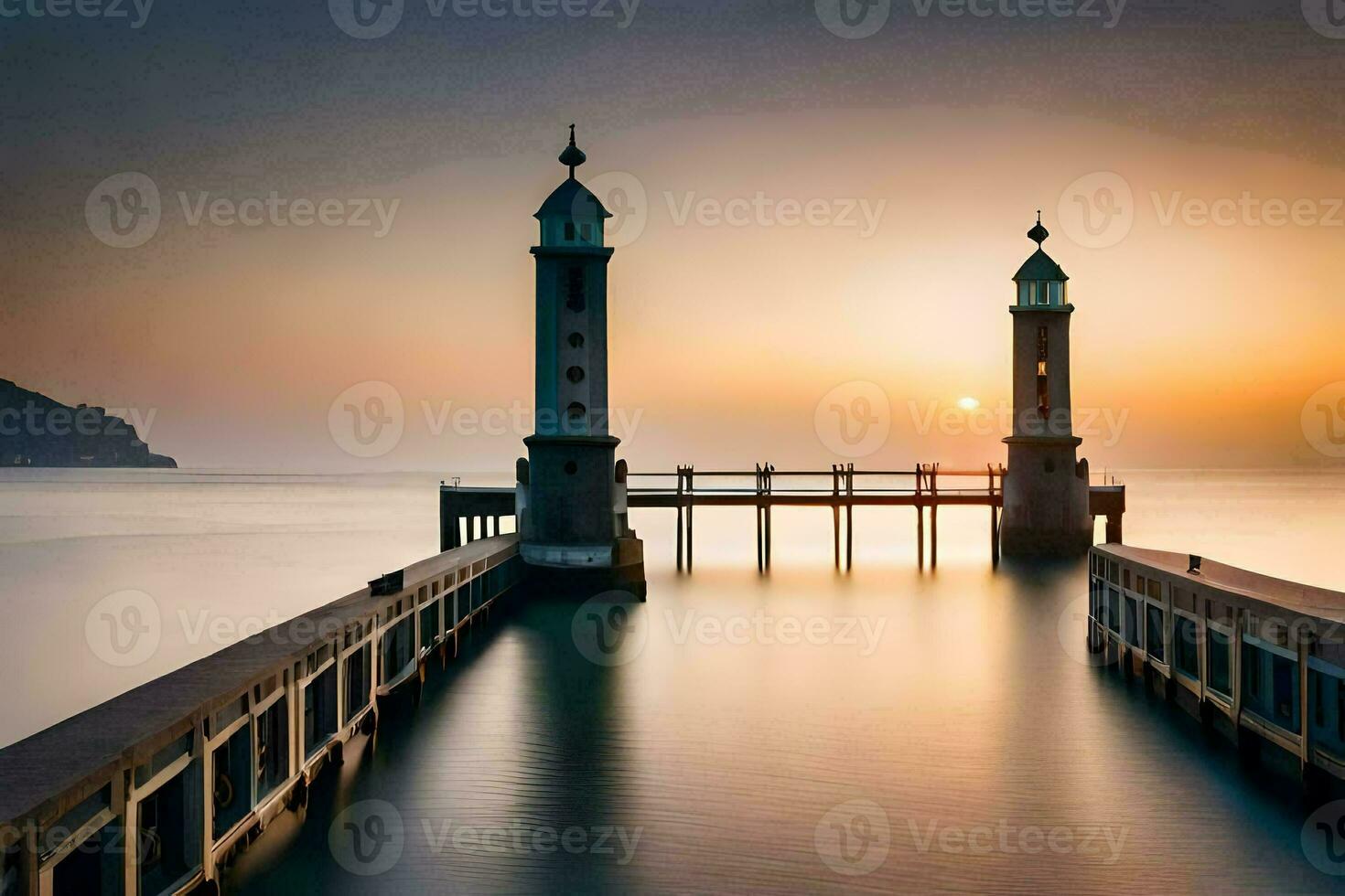 two towers in the water at sunset. AI-Generated photo