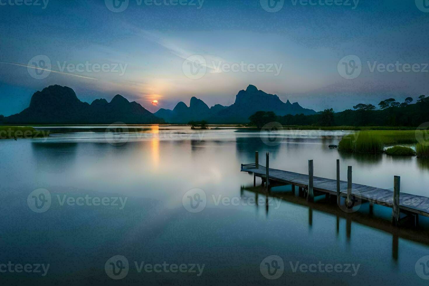 the sun rises over a lake and mountains in china. AI-Generated photo