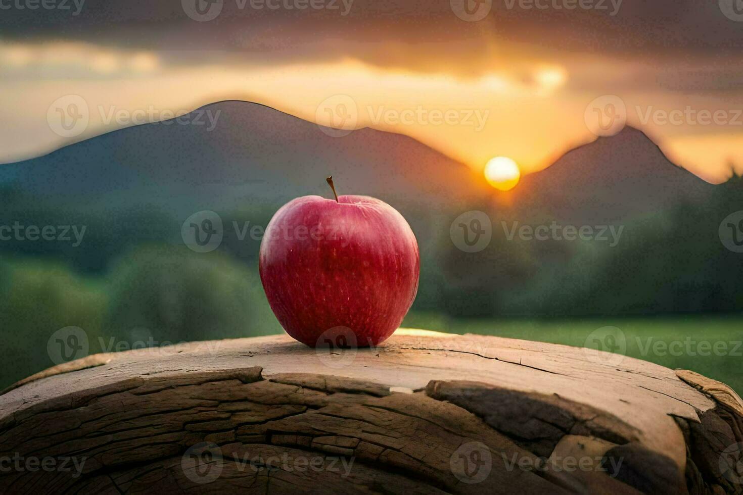 an apple sits on top of a stump in front of a sunset. AI-Generated photo