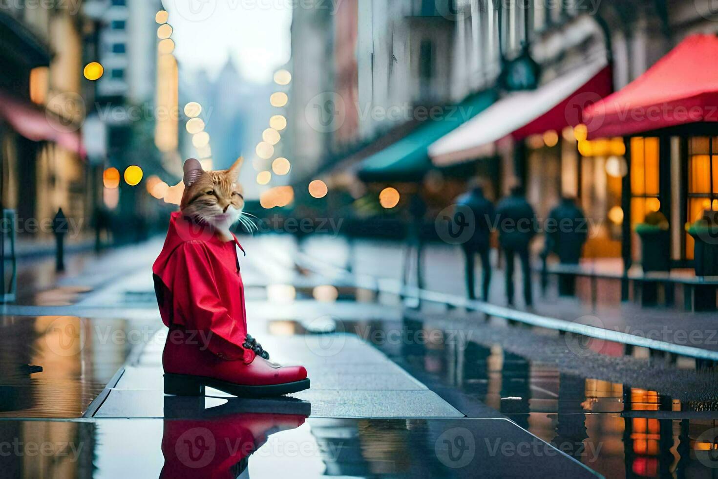 a cat in a red coat sitting on the sidewalk. AI-Generated photo