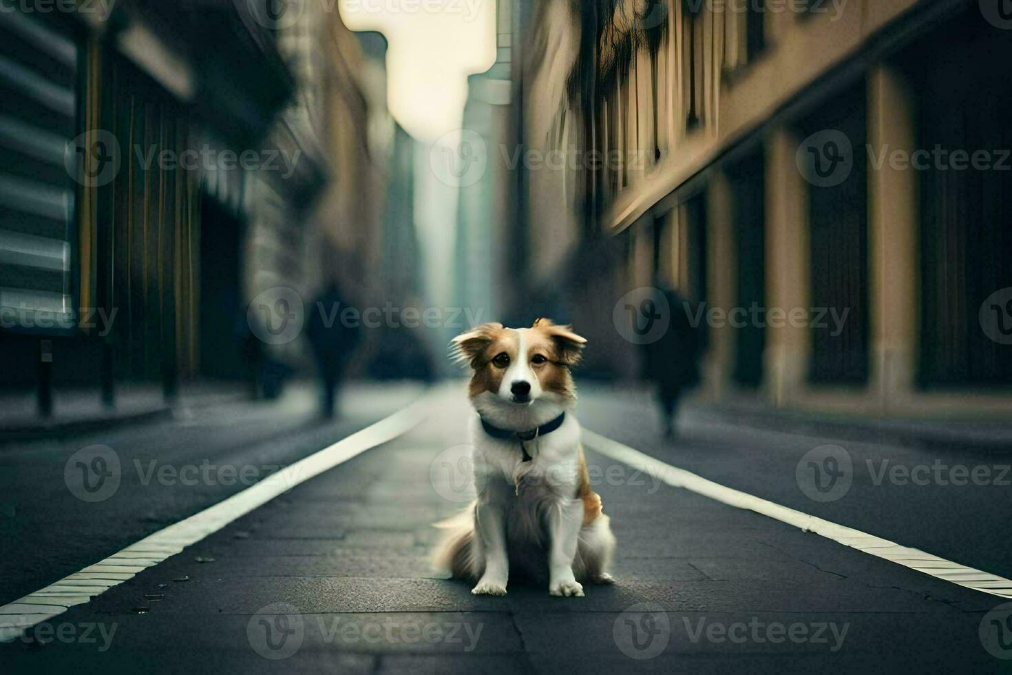 a dog sitting on the street in a city. AI-Generated photo