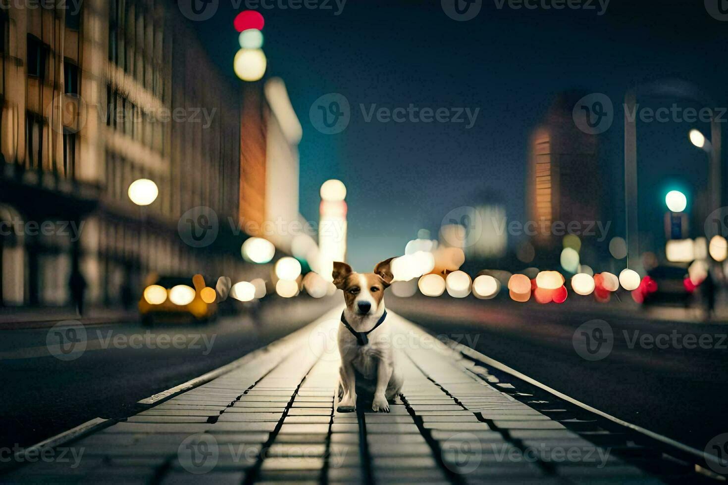 un perro en pie en un calle a noche. generado por ai foto