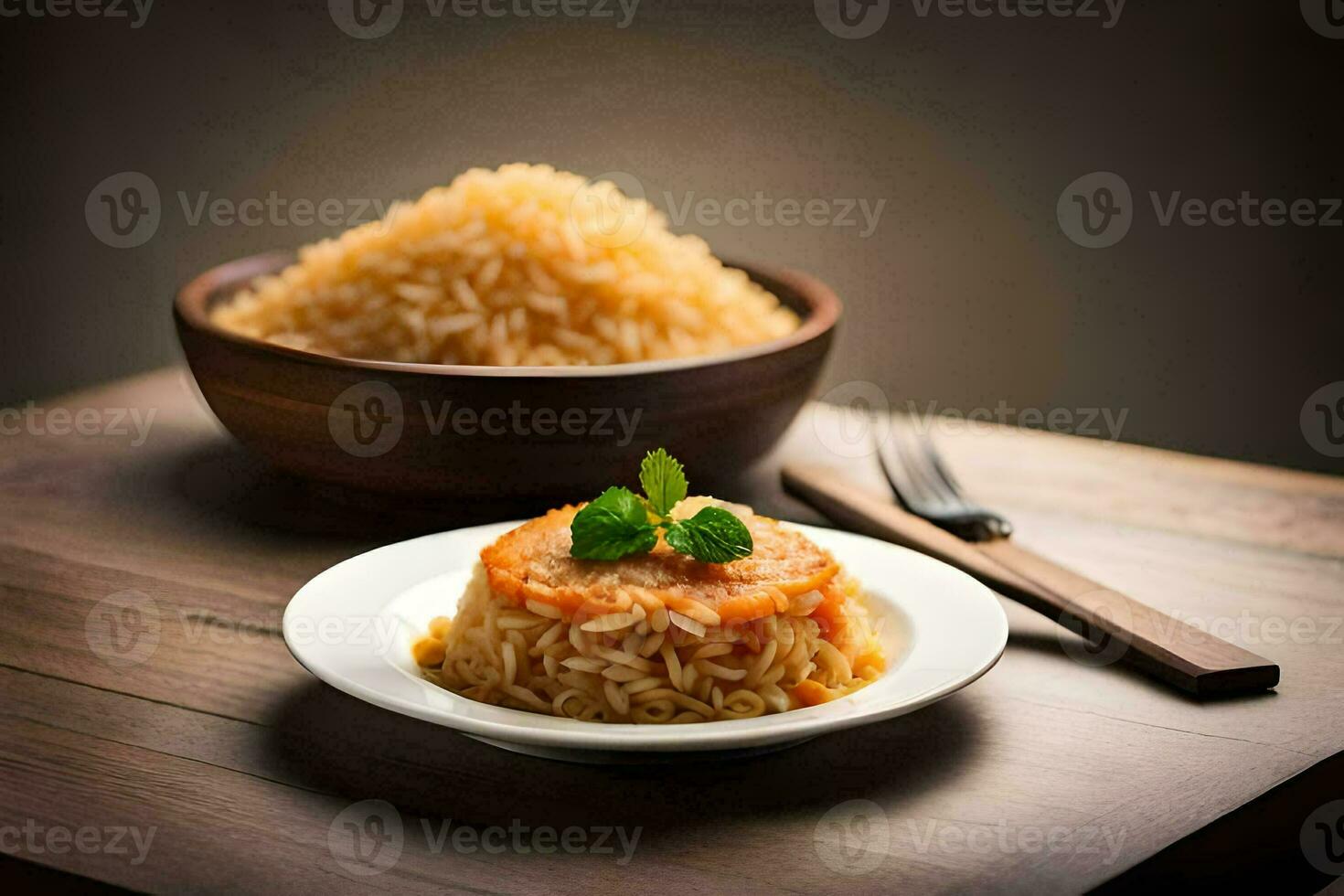 the dish is served on a plate with a fork and a spoon. AI-Generated photo