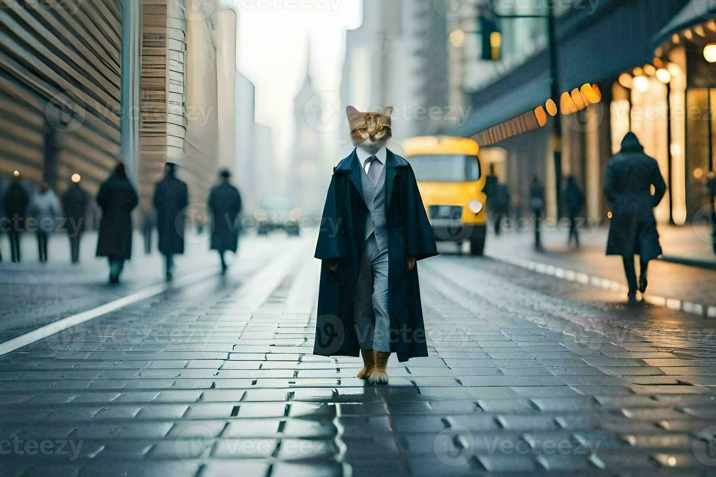 un gato vestido en un traje y Corbata caminando abajo un ciudad calle. generado por ai foto