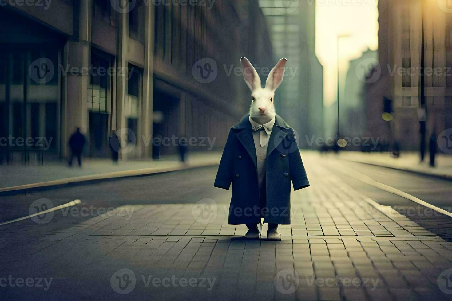 a rabbit in a suit and tie standing on a street. AI-Generated photo